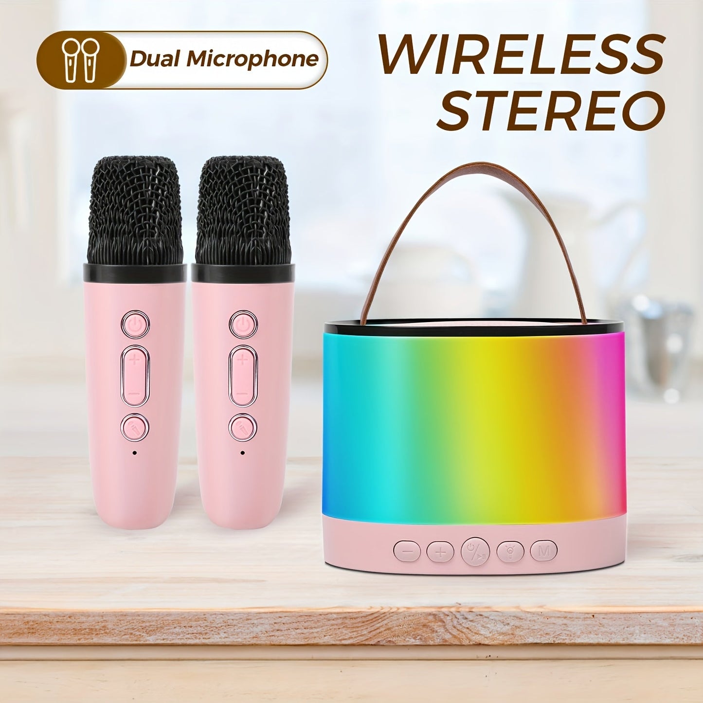 Portable Karaoke Speaker with 2 Wireless Mics shown in the Pink (High-End Version) option