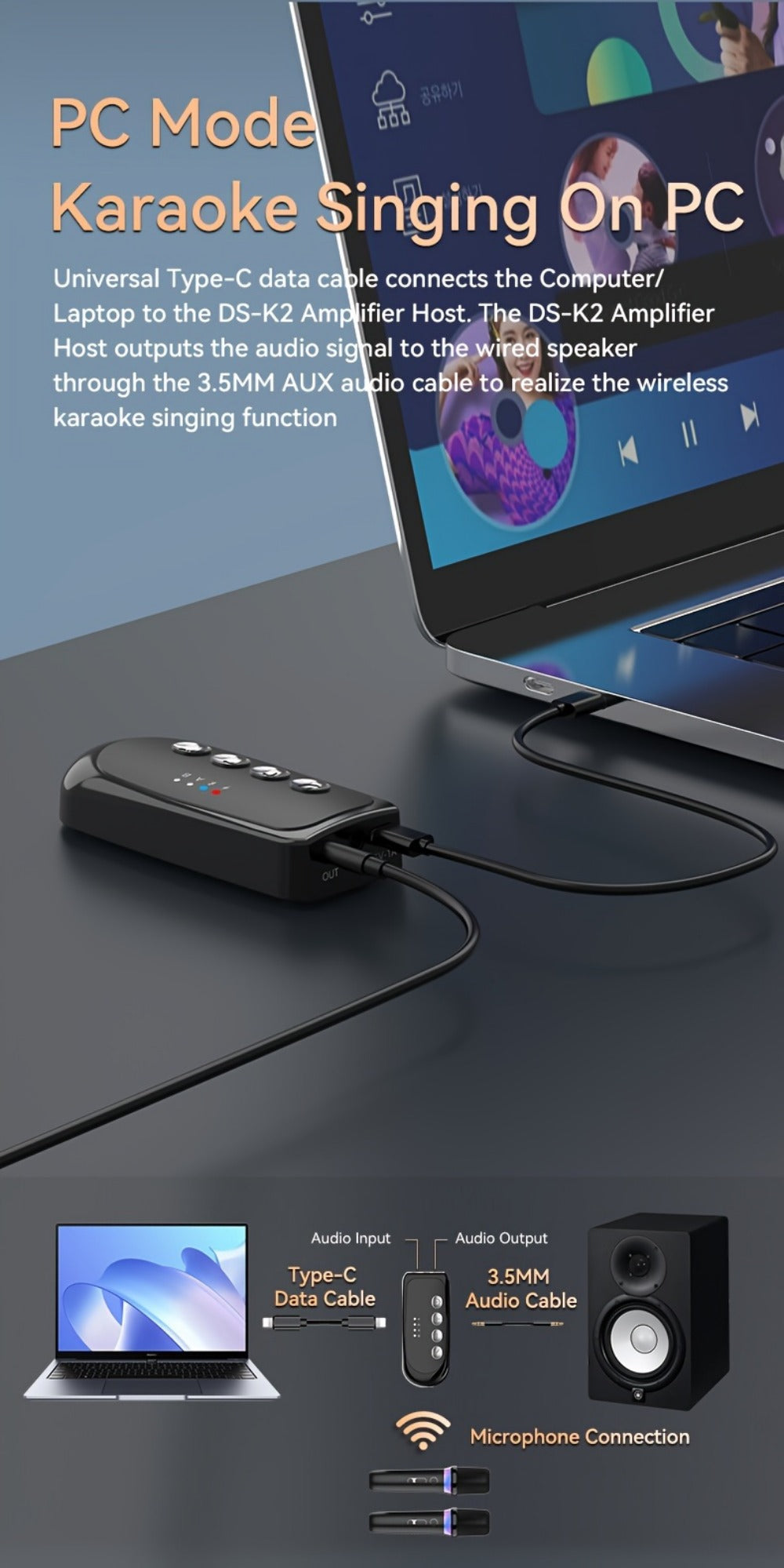Portable Karaoke System, Stereo, RGB, Wireless, VAORLO, DS-K2, Machine for Parties detail image - detail view 17