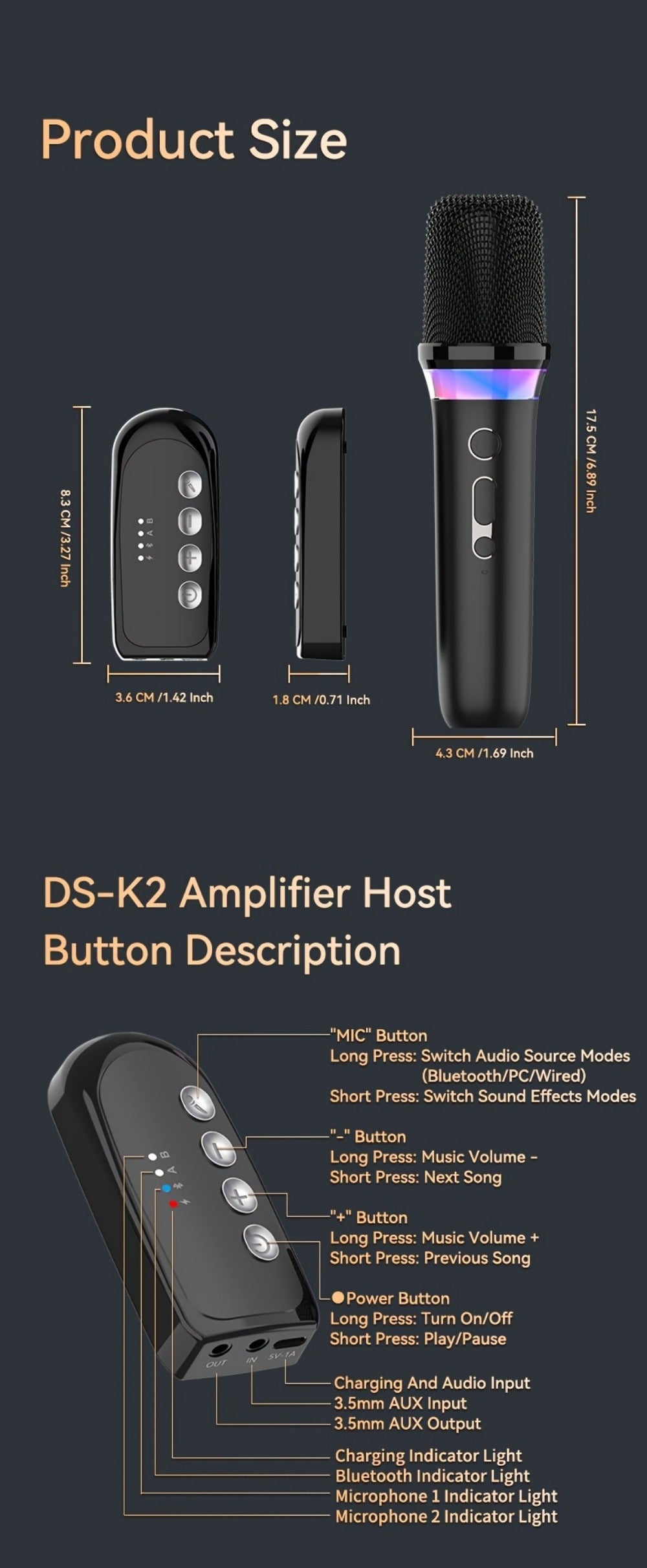 Portable Karaoke System, Stereo, RGB, Wireless, VAORLO, DS-K2, Machine for Parties detail image - detail view 24