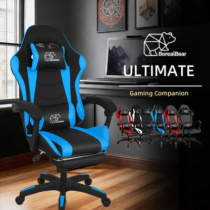 Gaming Chair shown in the Black-Blue-Footrest option