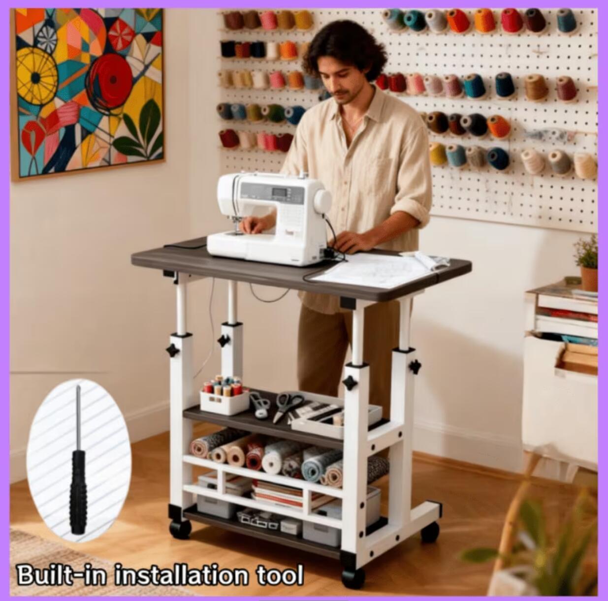 Rolling Adjustable Side Table with Adjustable Height and Locking Wheels for Living Room detail image - detail view 13