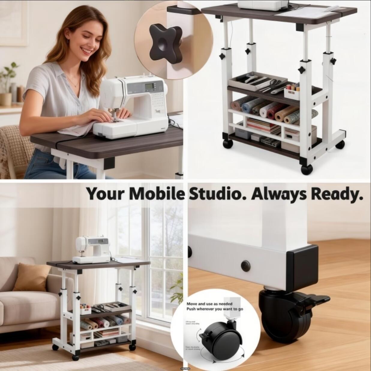 Rolling Adjustable Side Table with Adjustable Height and Locking Wheels for Living Room detail image - detail view 6