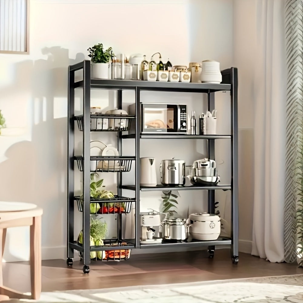 Baker's Rack, Rolling with Mesh Baskets & Adjustable Shelves - Metal Frame Kitchen Storage shown in the main product view