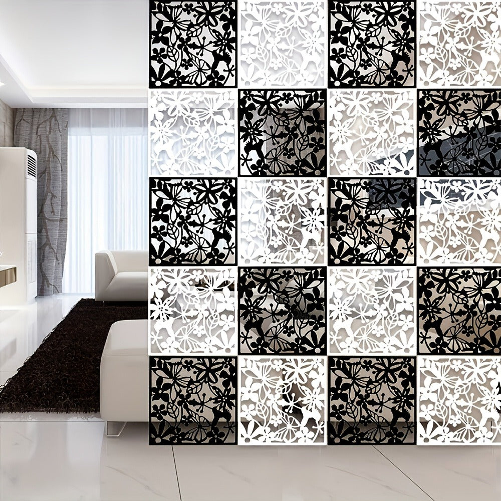 Room Divider, Hanging Panels 12/24pcs Floral Carved PVC Screen, Hollow Wall Partition shown in the main product view