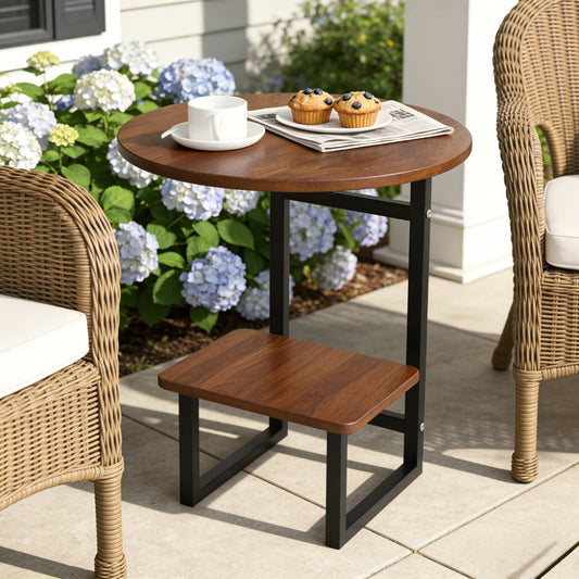 Outdoor Side Table, Round with Double-Layer Storage Shelf - Marble Texture Imitation Stone shown in the main product view