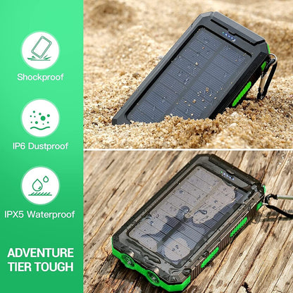 Portable Solar Charger 20000mAh – Dual USB, LED Flashlight & Compass