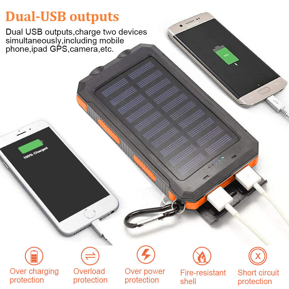 Solar Power Bank 10000mAh Waterproof Portable Charger with LED Light