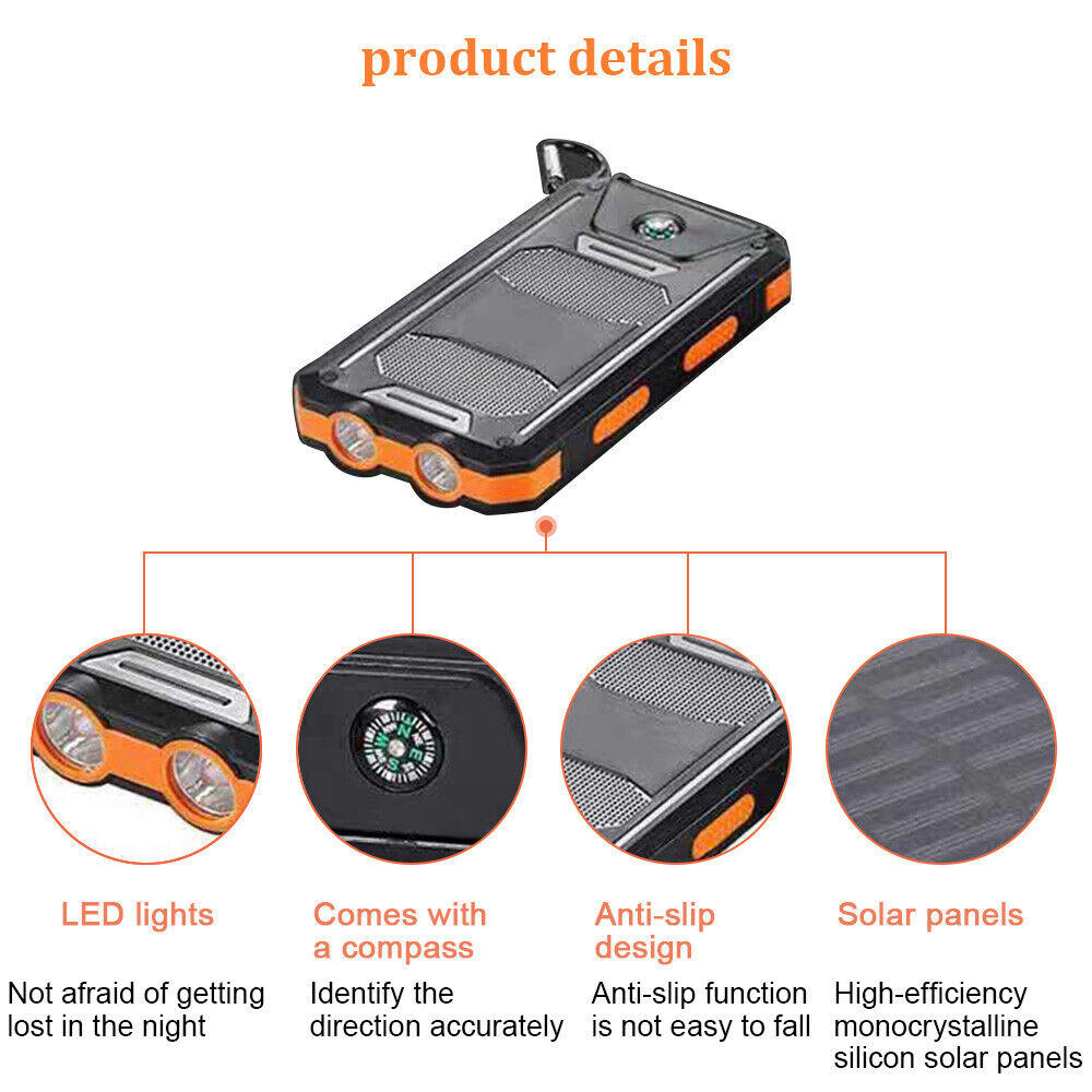 Solar Power Bank 10000mAh Waterproof Portable Charger with LED Light