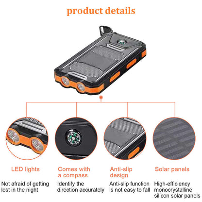 Solar Power Bank 10000mAh Waterproof Portable Charger with LED Light
