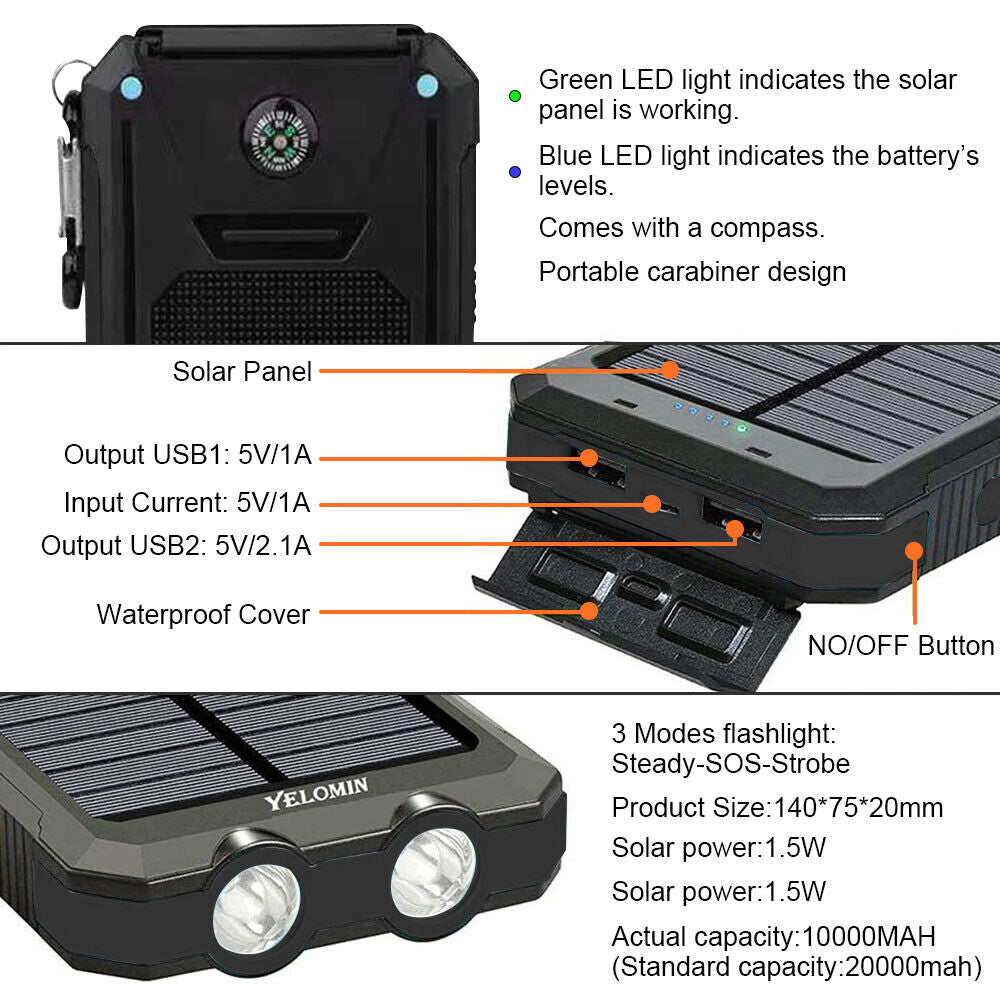 Solar Power Bank 10000mAh Waterproof Portable Charger with LED Light