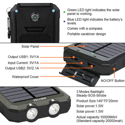 Solar Power Bank 10000mAh Waterproof Portable Charger with LED Light