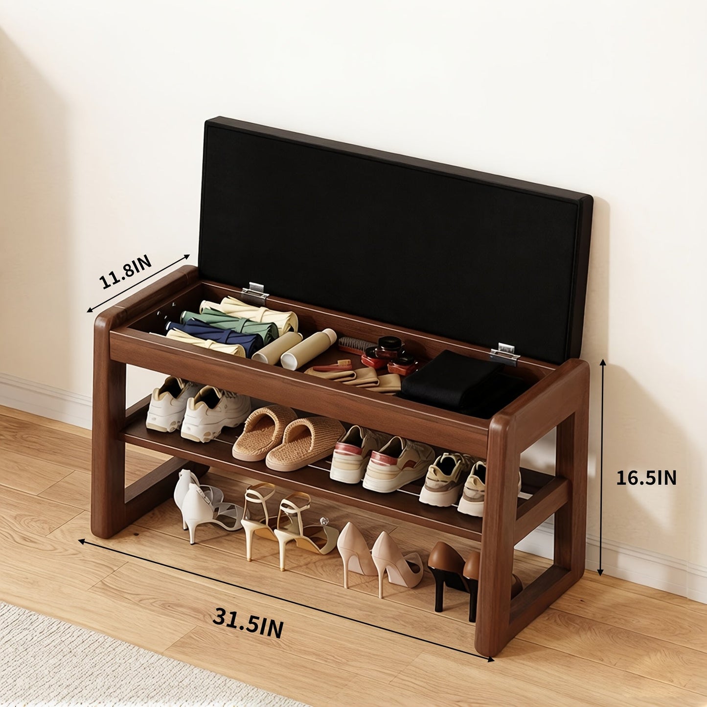 Entryway Shoe Cabinets and Benches shown in the 80 models with storage in walnut color + black mat option
