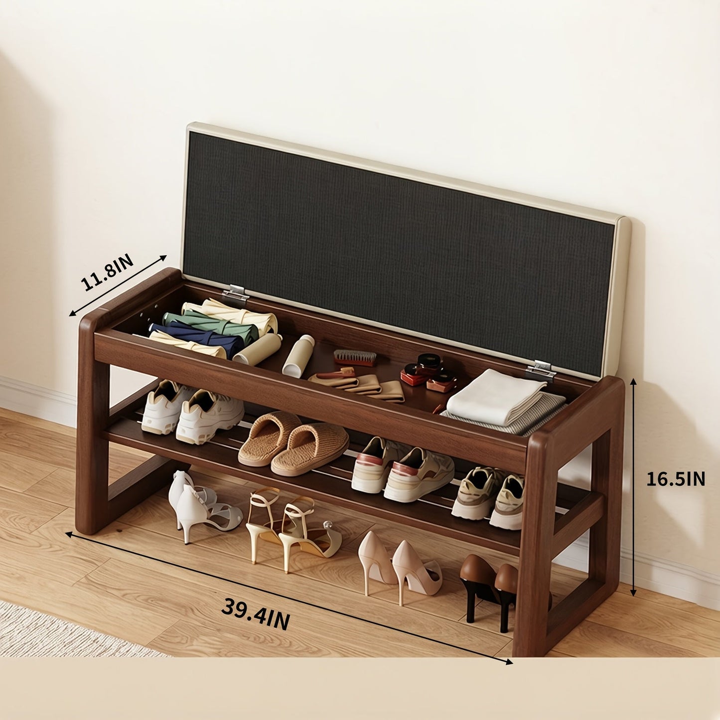 Entryway Shoe Cabinets and Benches shown in the With Storage Walnut Color + 100 Ash Pads option