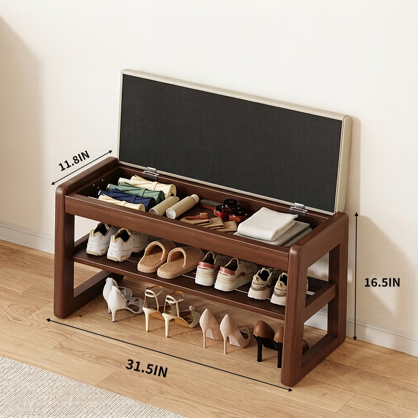 Entryway Shoe Cabinets and Benches shown in the With Storage Walnut Color + 80 Ash Pads option