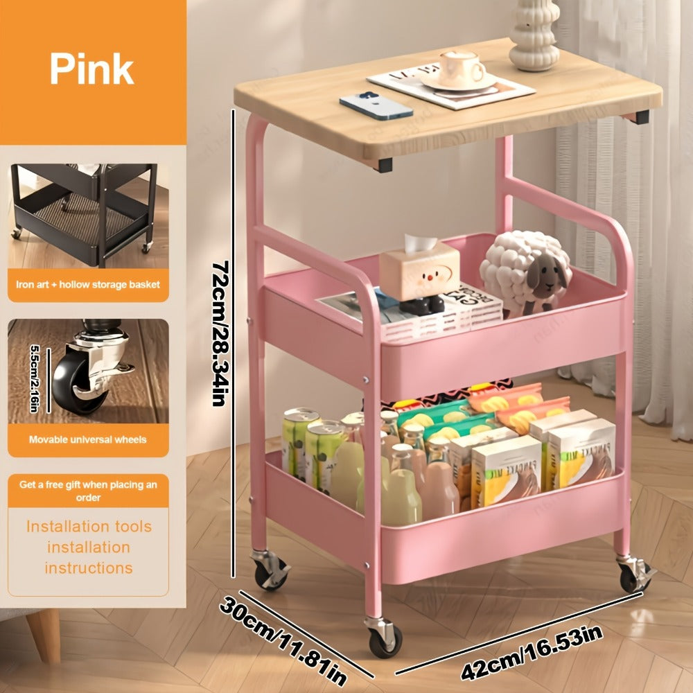 Solid Wood Metal Rolling Storage Cart with Rolling Wheels for Bedroom detail image - detail view 4