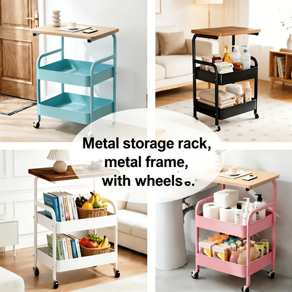 Rolling Storage Cart, Metal with Solid Wood Tabletop & Wheels, Multi-Layer Steel Shelf shown in the main product view
