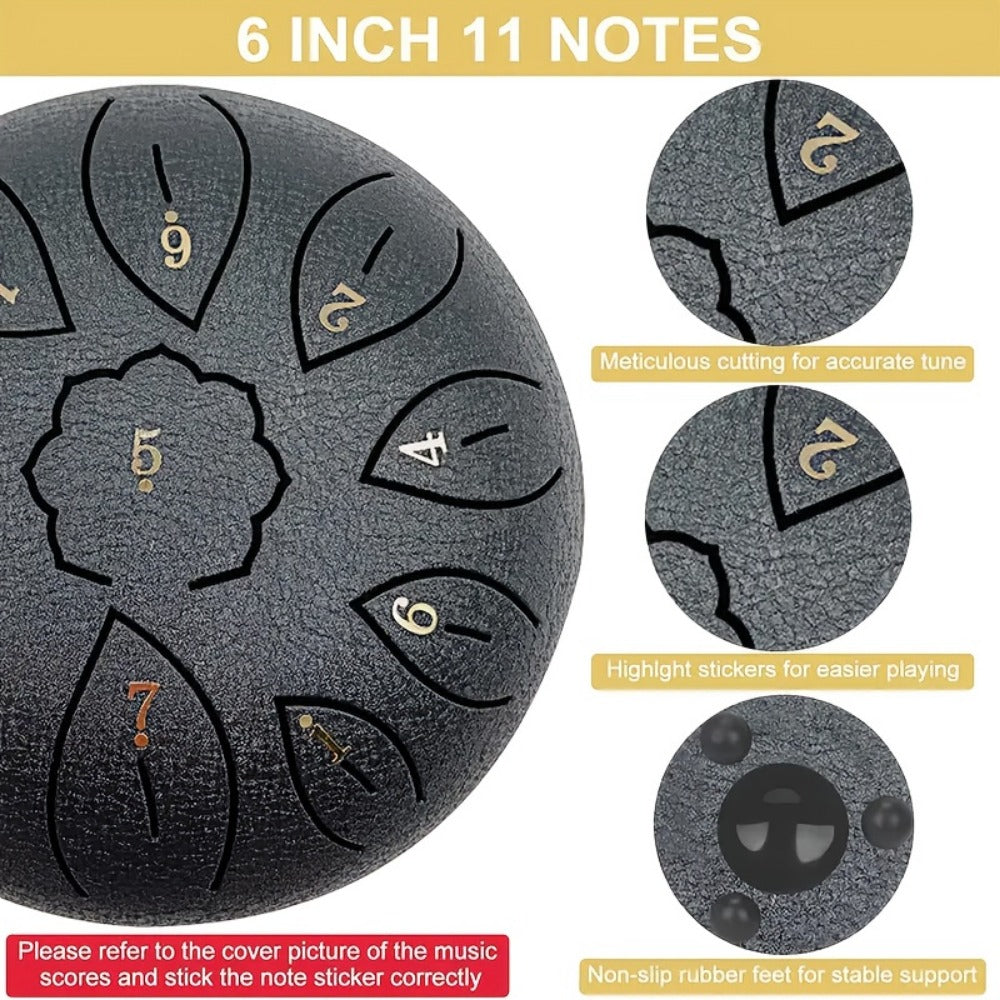 Steel Tongue Drum, 6-Inch 11-Note D Major Set with Bag and Drumsticks detail image - detail view 10