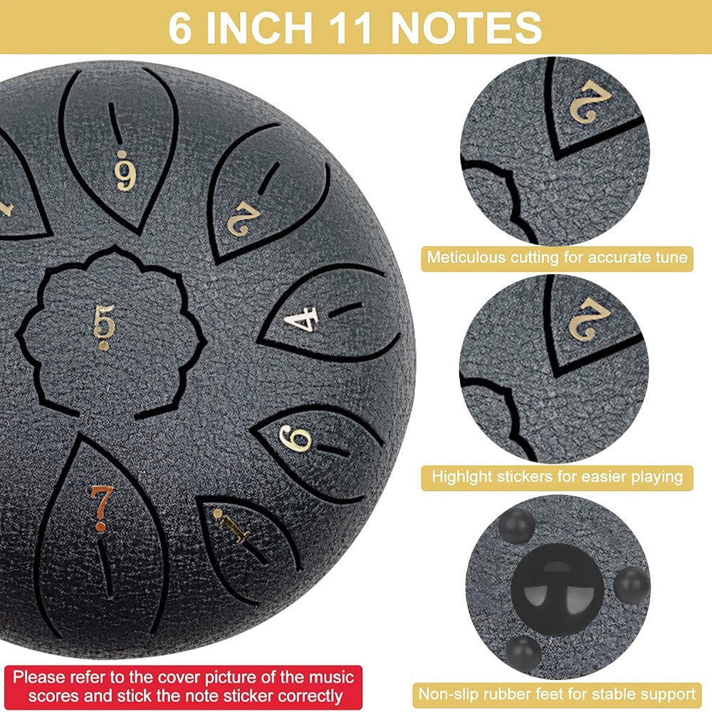 Steel Tongue Drum, 6-Inch 11-Note Set with Drumstick, Bag and Music Book detail image - detail view 4