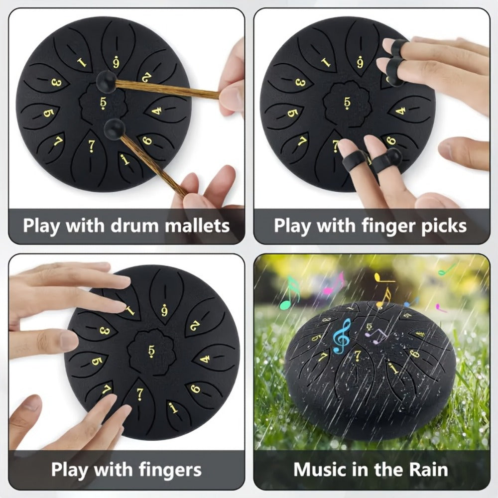 Steel Tongue Drum, 6-Inch 11-Note Set with Drumstick, Bag and Music Book detail image - detail view 5