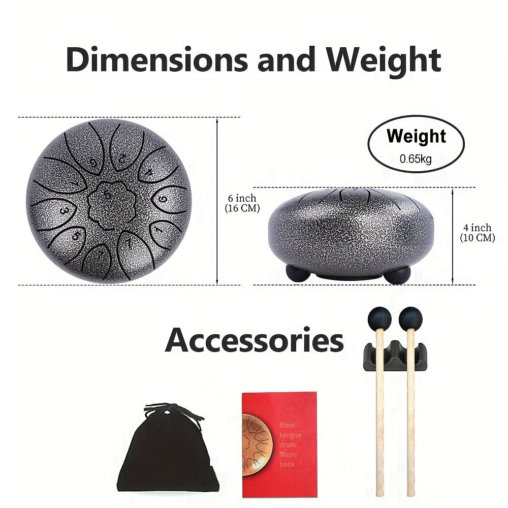 Steel Tongue Drum, 6-Inch 11-Note Set with Drumsticks and Music Book detail image
