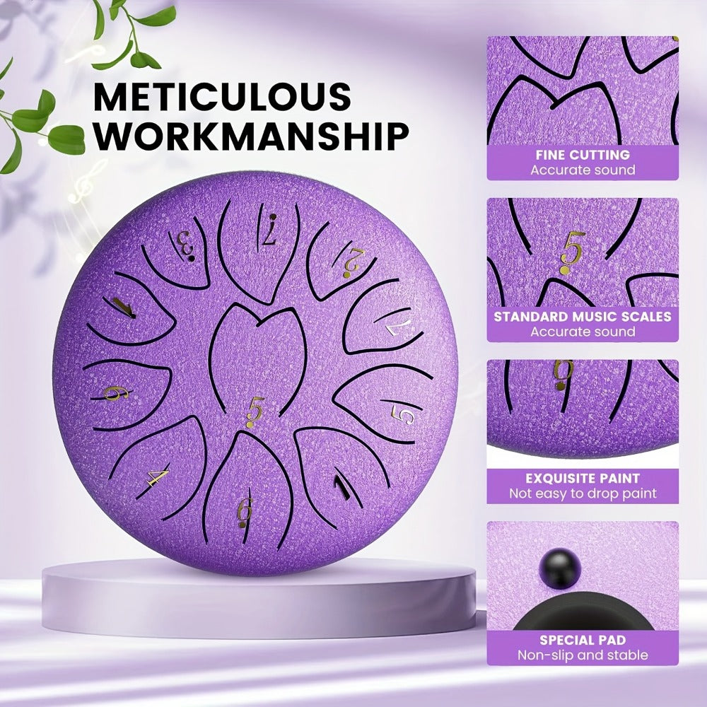 Steel Tongue Drum, 6-Inch 8-Tone Hand Drum with Mallet and Sheet Music detail image - detail view 9