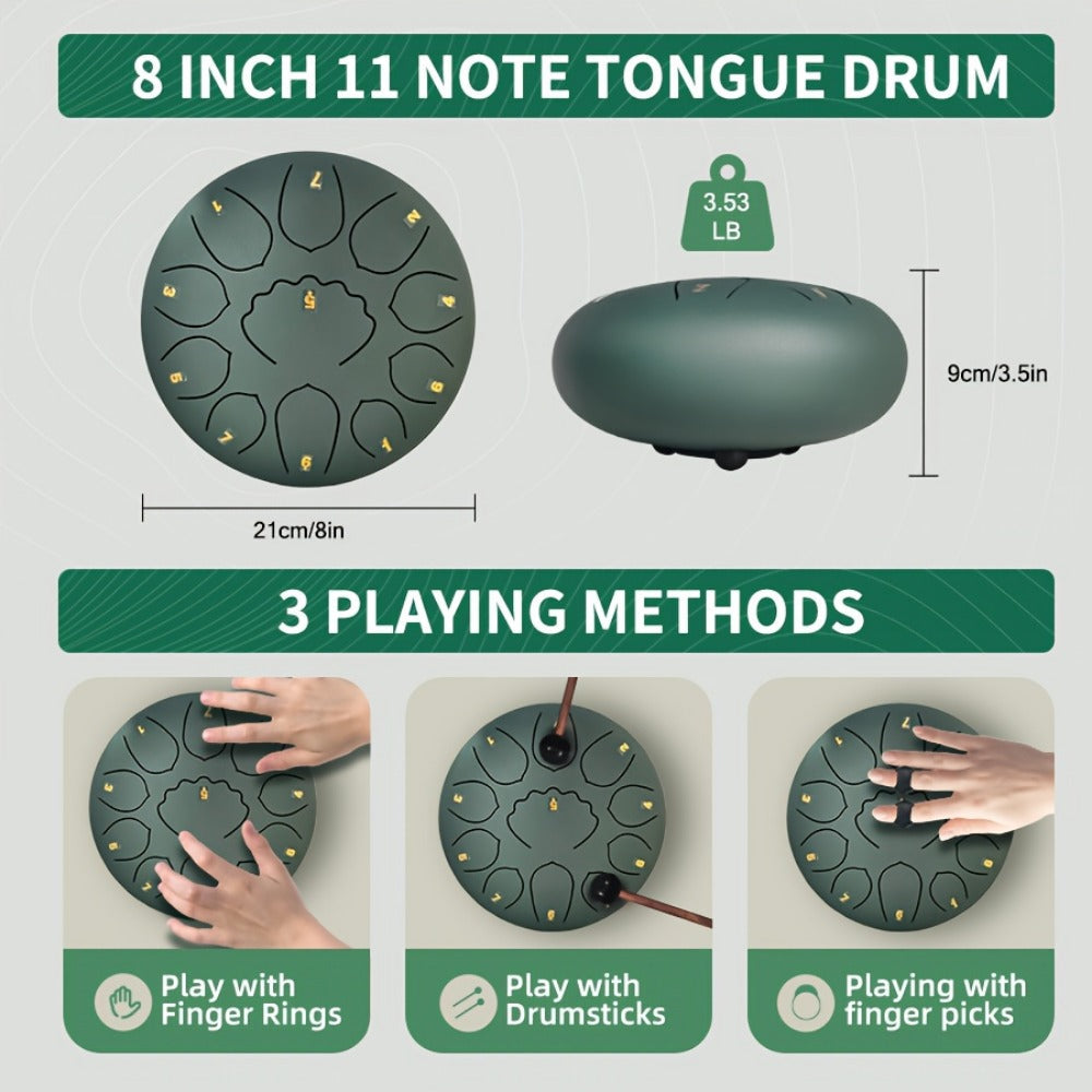 Steel Tongue Drum, 8-Inch 11-Note Rain Drum Set with Bag and Mallet Holder detail image - detail view 6