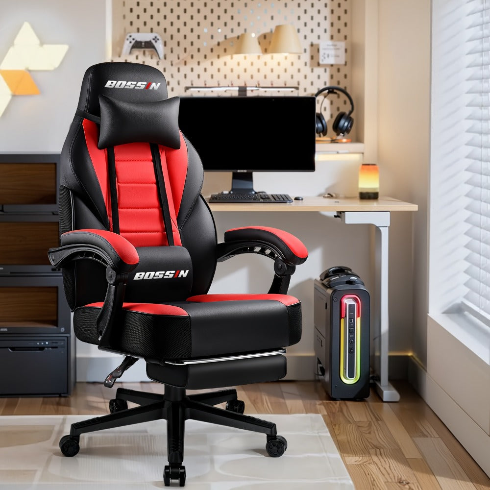 Gaming Chair, Big & Tall with Footrest & Massage Lumbar Support - 400 lb Capacity shown in the main product view
