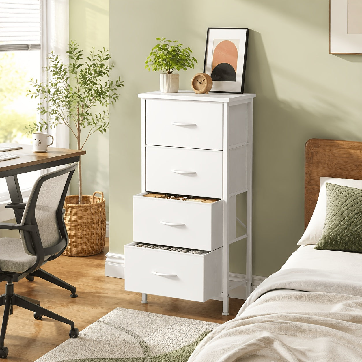 Storage Tower shown in the White, 4 Draws option