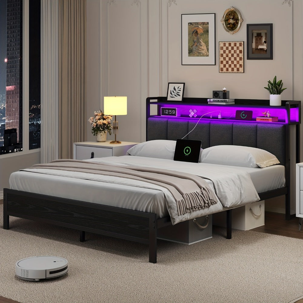 Bed Frame with Storage Headboard LED Lights and Charging Station Twin Full Queen King shown in the main product view