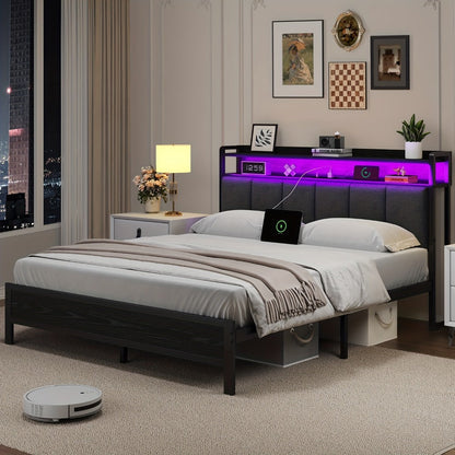 Bed Frame with Storage Headboard LED Lights and Charging Station Twin Full Queen King shown in the main product view