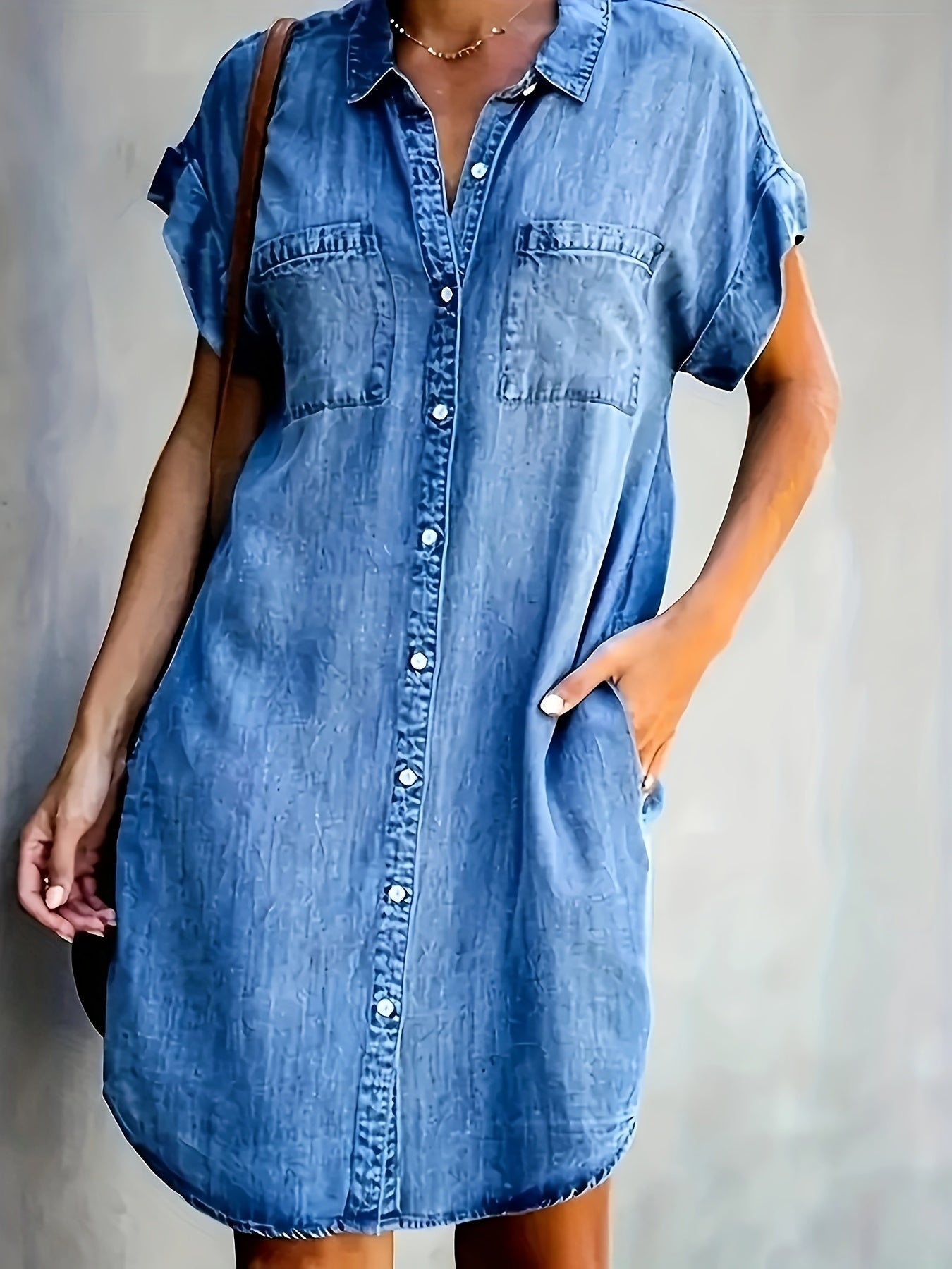 Sky Blue Denim V-Neck Short-Sleeve Dress - product view 1