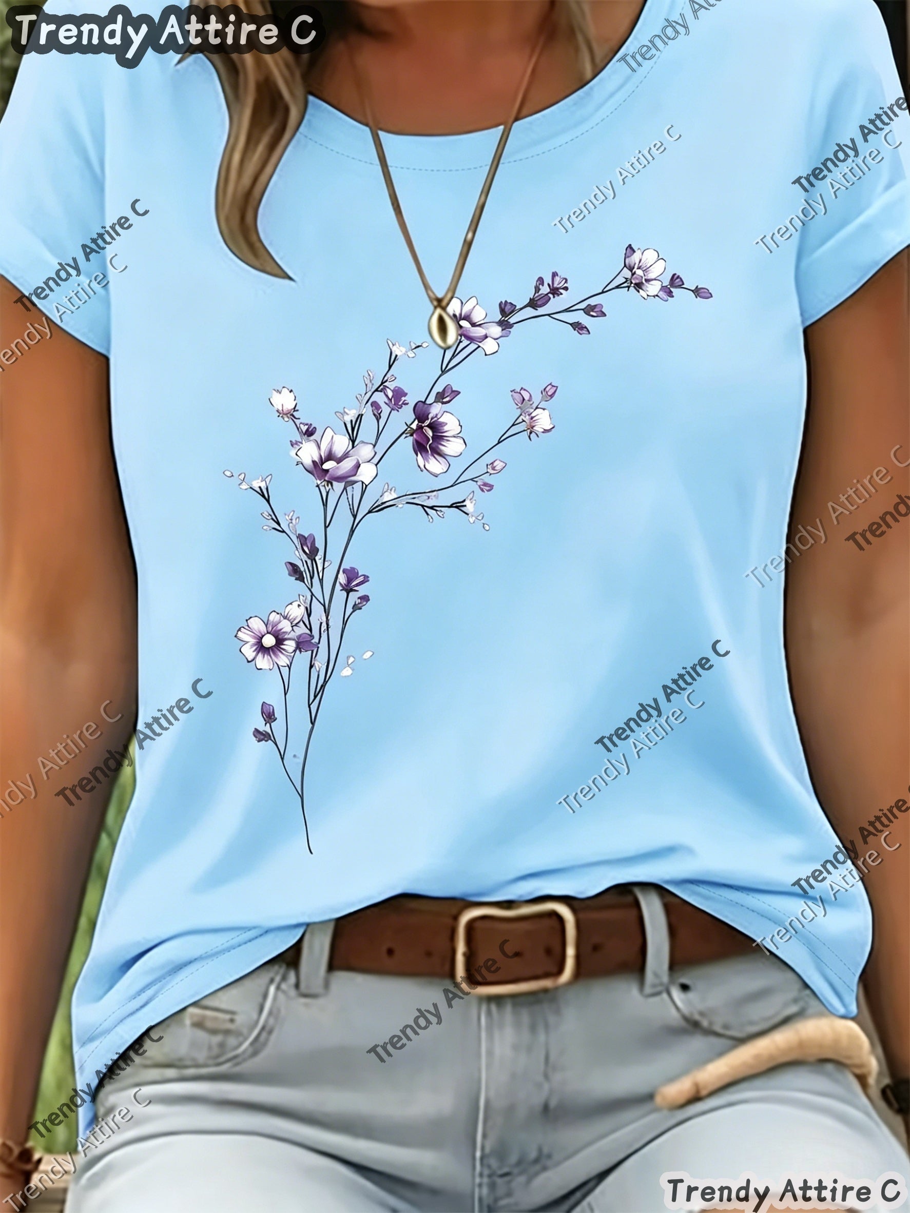 Light Purple Polyester Floral Printed T-Shirt - product view 37