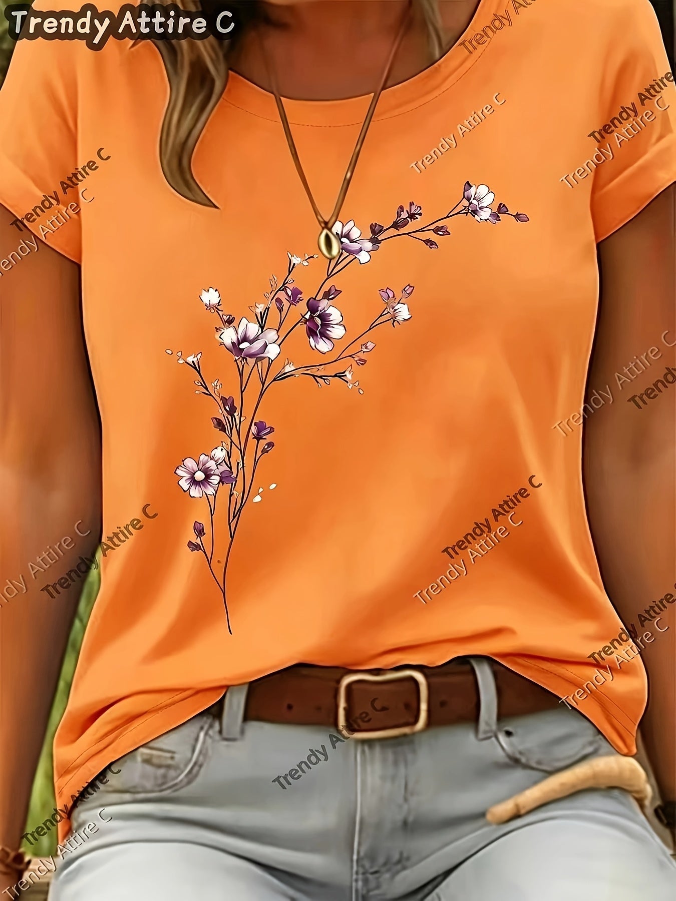Light Purple Polyester Floral Printed T-Shirt - product view 30