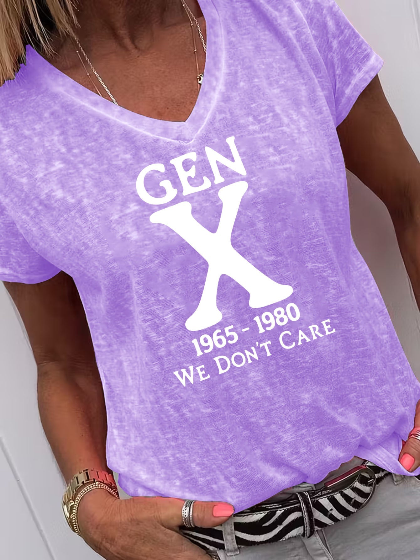 Purple Polyester Printed V-Neck T-Shirt - product view 7
