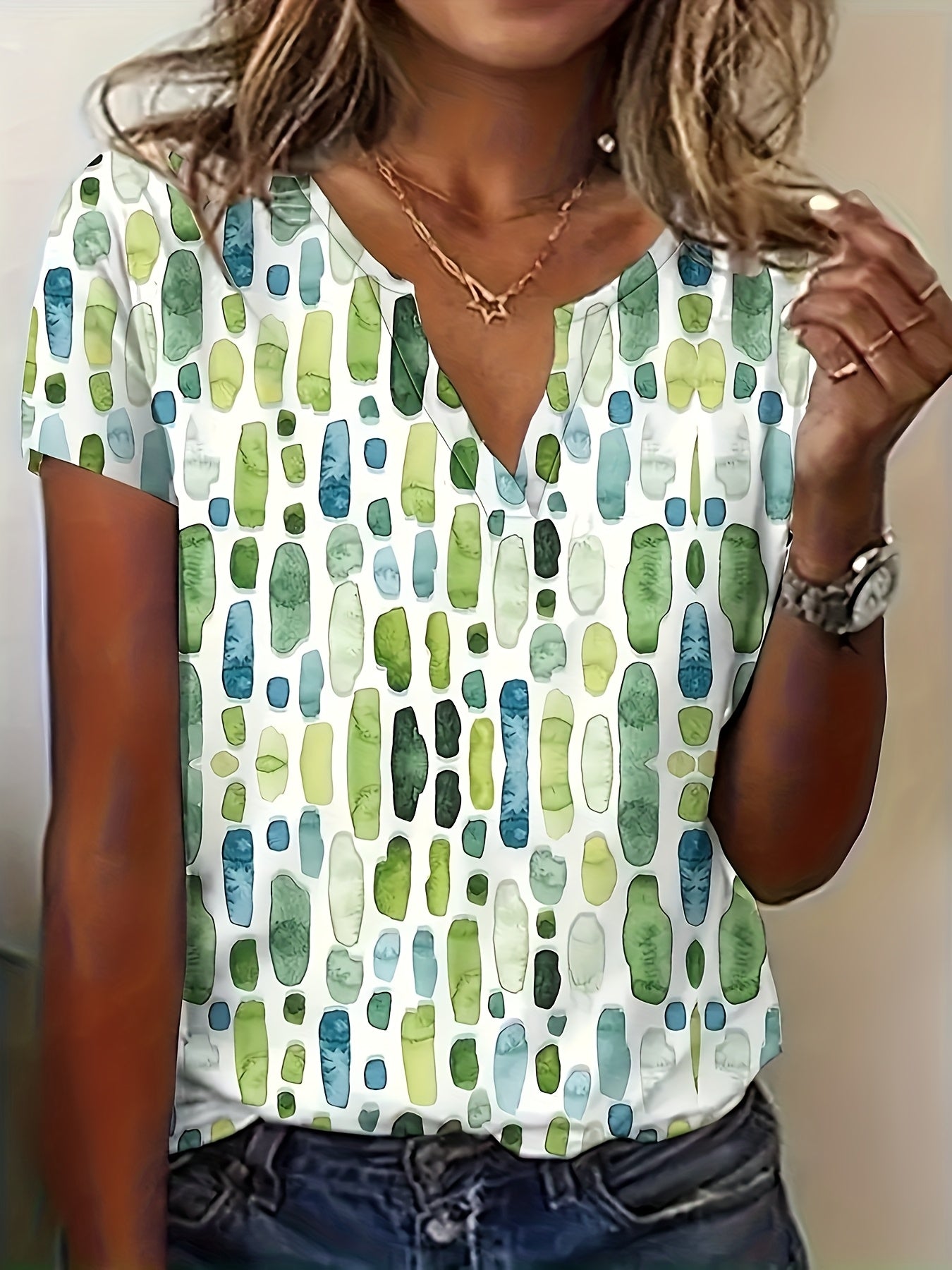 Green Polyester Printed V-Neck T-Shirt - product view 4