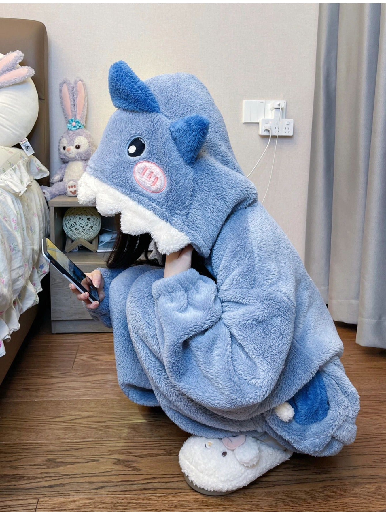 Unisex Shark Fleece Pajama Jumpsuit - Hooded Winter Sleepwear
