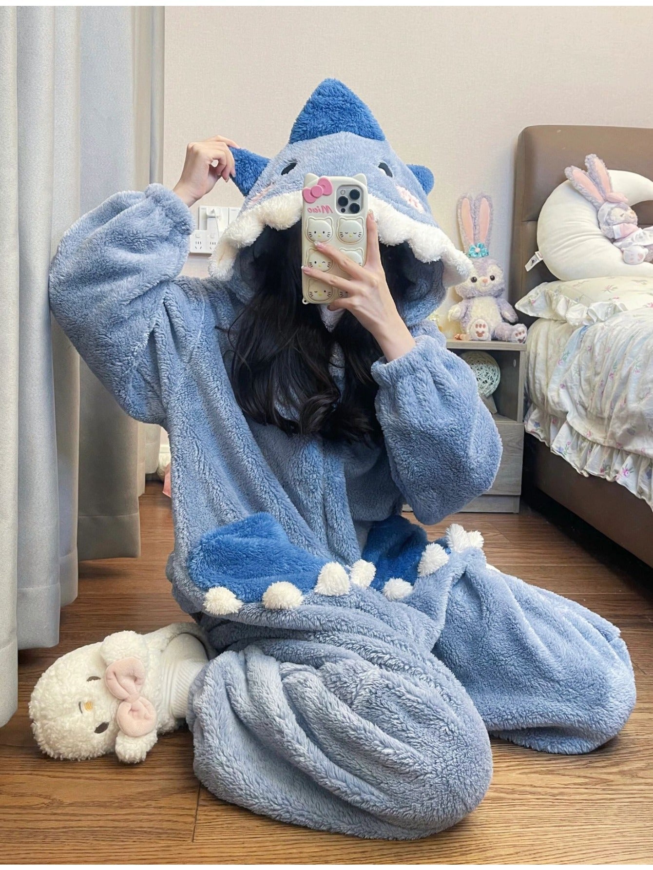 Unisex Shark Fleece Pajama Jumpsuit - Hooded Winter Sleepwear