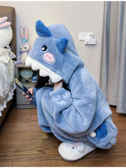 Unisex Shark Fleece Pajama Jumpsuit - Hooded Winter Sleepwear