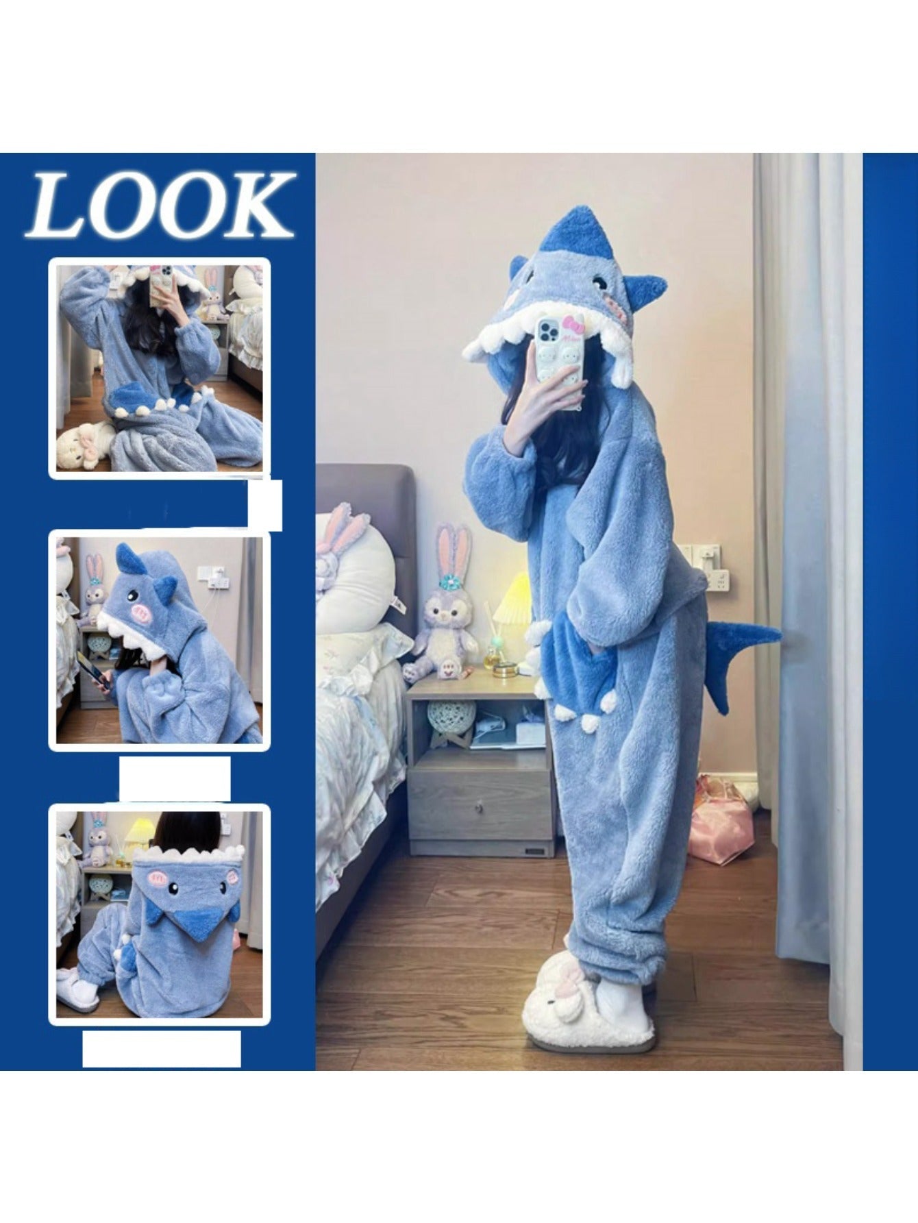 Unisex Shark Fleece Pajama Jumpsuit - Hooded Winter Sleepwear