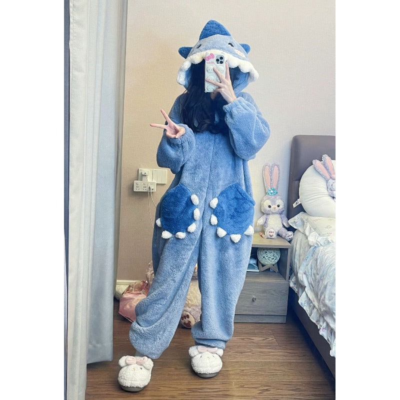 Unisex Shark Fleece Pajama Jumpsuit - Hooded Winter Sleepwear