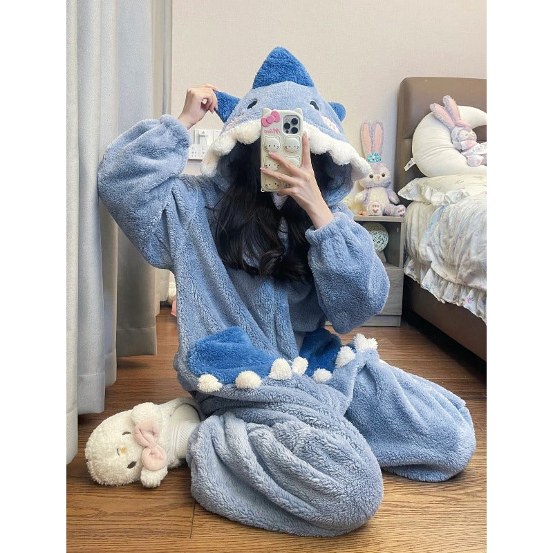Unisex Shark Fleece Pajama Jumpsuit - Hooded Winter Sleepwear