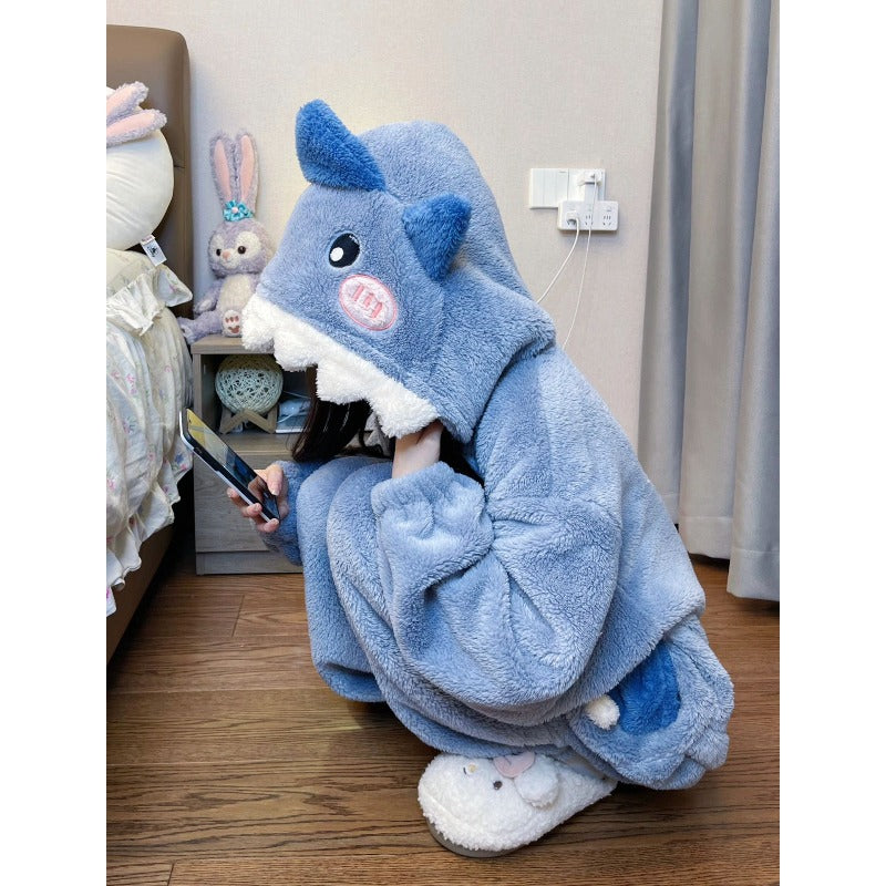Unisex Shark Fleece Pajama Jumpsuit - Hooded Winter Sleepwear