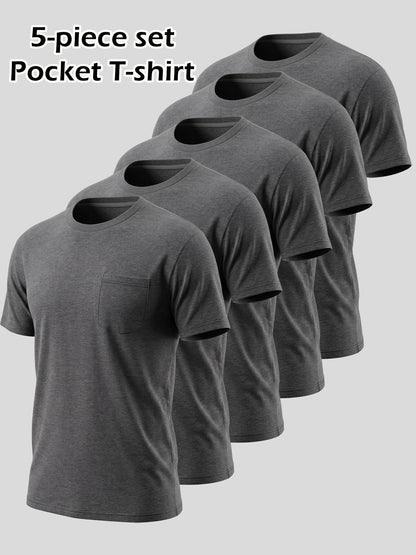 5pcs Men Unisex 100 Cotton Pocket T Shirts Short Sleeve Crew Neck Loose Fit Solid - product view 6