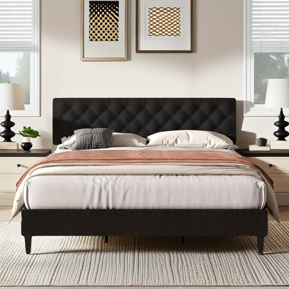 Bed Frames, Linen Upholstered Bed Frame with Button-Tufted Headboard - Wood Slats, Easy shown in the main product view