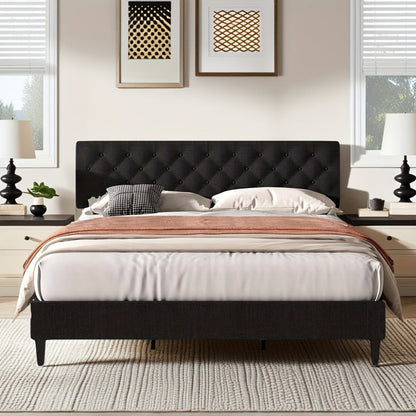 Bed Frames, Linen Upholstered Bed Frame with Button-Tufted Headboard - Wood Slats, Easy shown in the main product view