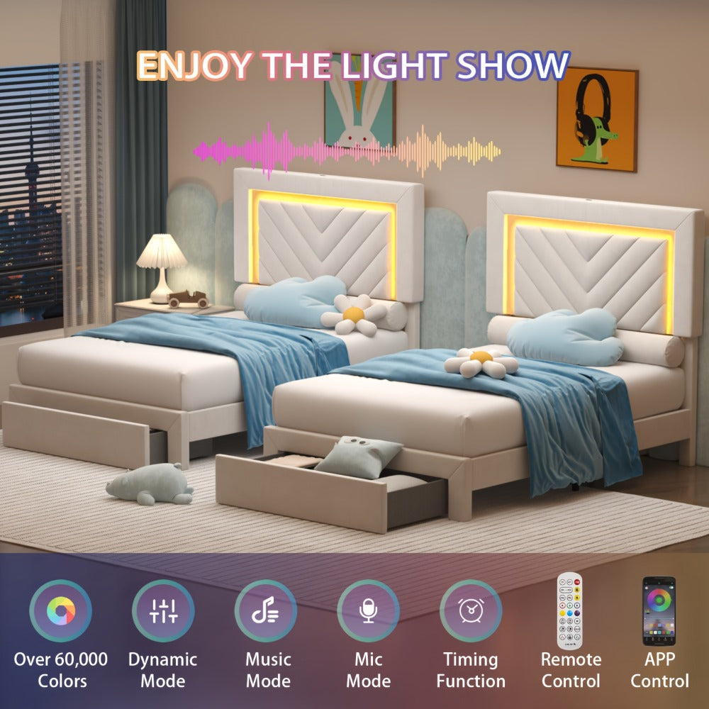 Bed Frame, Upholstered Platform with LED Adjustable Headboard, Storage Drawers shown in the main product view