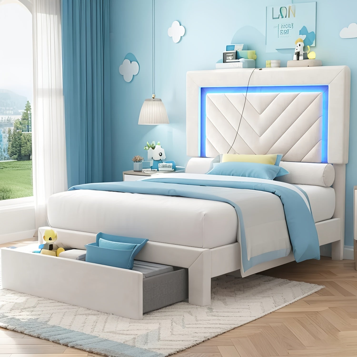 Bed Frame shown in the Off White, Twin option