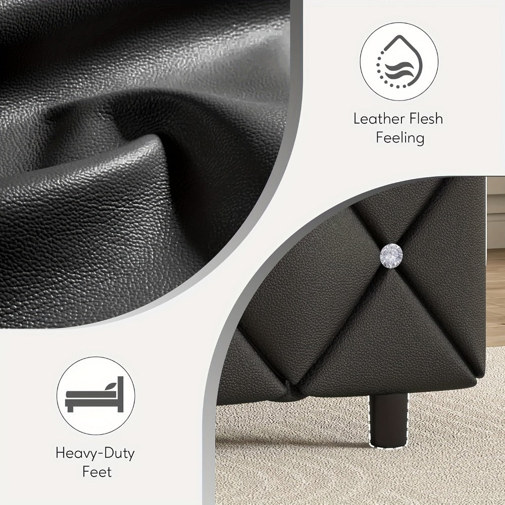 Upholstered Faux Leather Bed Frame with Solid Wood Construction, Platform Bed Base