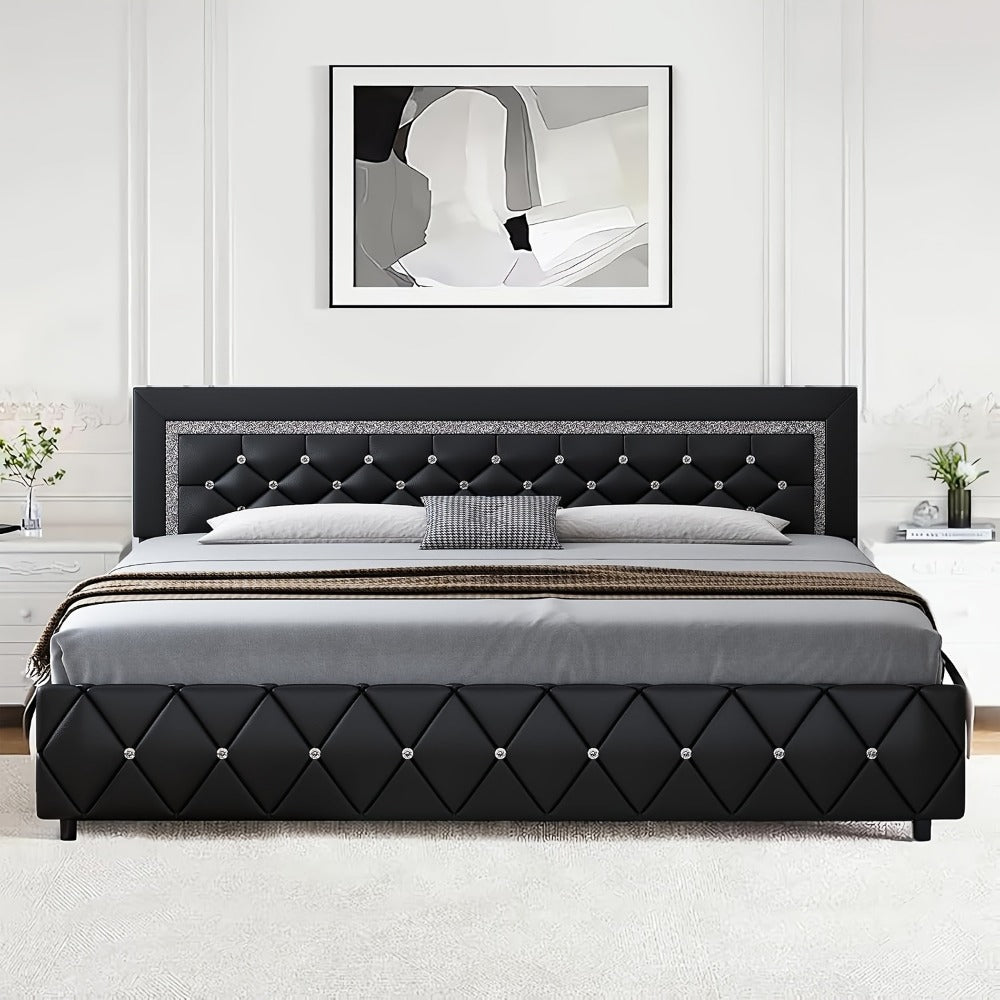 Upholstered Faux Leather Bed Frame with Solid Wood Construction, Platform Bed Base