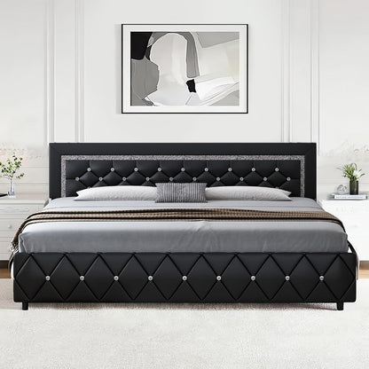 Upholstered Faux Leather Bed Frame with Solid Wood Construction, Platform Bed Base